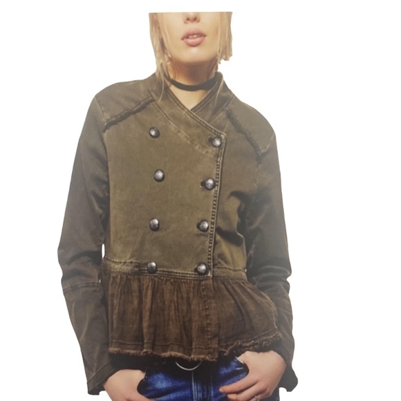 FREE PEOPLE Flared Peplum Hem Moss Green Military Jacket Steampunk Boho Grunge M - Picture 2 of 16